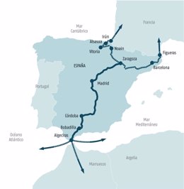 Mapa de las Autopistas Ferroviarias (AF) en España.