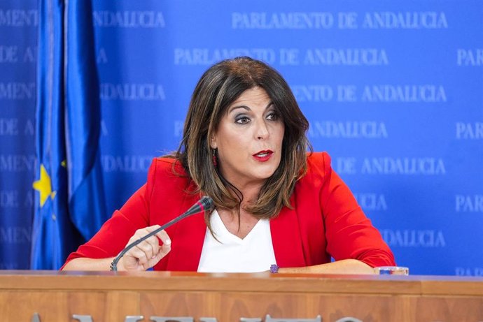 La portavoz del Grupo Parlamentario Socialista, Ángeles Férriz, durante la ronda de ruedas de prensa de portavoces de los grupos parlamentarios en el Parlamento de Andalucía, a 10 de Julio de 2024 en Sevilla (Andalucía, España). Los portavoces de los grup