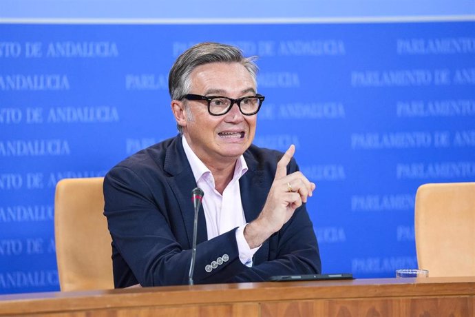 El portavoz del Grupo Parlamentario Vox, Manuel Gavira, durante la ronda de ruedas de prensa de portavoces de los grupos parlamentarios en el Parlamento de Andalucía, a 10 de Julio de 2024 en Sevilla (Andalucía, España). Los portavoces de los grupos parla