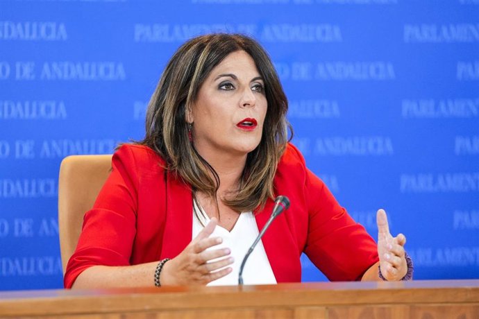 La portavoz del Grupo Parlamentario Socialista, Ángeles Férriz, durante la ronda de ruedas de prensa de portavoces de los grupos parlamentarios en el Parlamento de Andalucía, a 10 de Julio de 2024 en Sevilla (Andalucía, España). Los portavoces de los gr