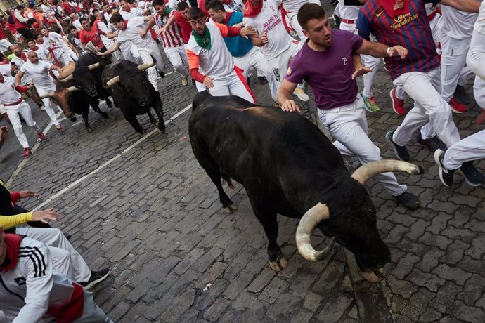 Corredores durante el cuarto encierro de los Sanfermines 2024 protagonizado por toros de la ganadería gaditana Fuente Ymbro.