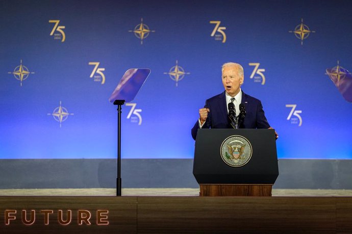 09 July 2024, US, Washington: US President Joe Biden speaks at the celebrations for the 75th anniversary of the North Atlantic Treaty Organization (NATO). 