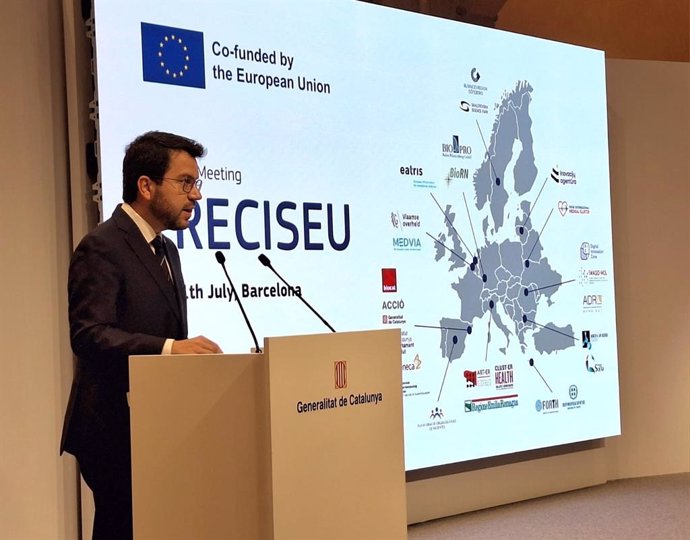 El presidente de la Generalitat de Catalunya, Pere Aragonès, en el acto de presentación del Preciseu, el macroproyecto europeo que lidera Catalunya para impulsar la medicina personalizada