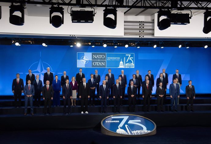 July 10, 2024, Washington, United States: Prime Minister Justin Trudeau participates in a family photo with leaders at the NATO Summit Wednesday, July 10, 2024 in Washington.