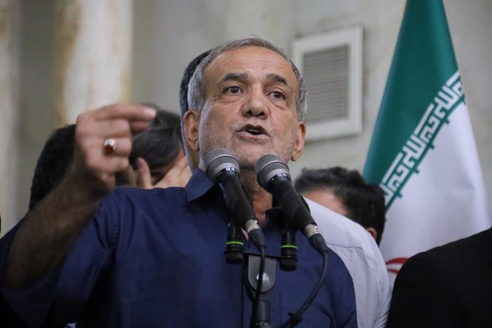 July 6, 2024, Tehran, Iran: Newly elected Iranian President MASOUD PEZESHKIAN speaks during a meeting a day after the presidential election at the shrine of the Islamic Republic's founder Ayatollah Khomeini in southern Tehran. The Ministry of Interior has