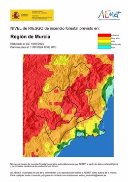 El nivel de riesgo de incendio forestal este jueves es extremo o muy alto en la mayor parte de la Región