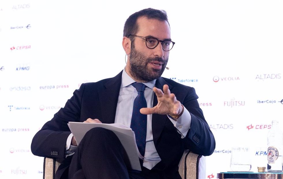 El ministro de Economía, Carlos Cuerpo, interviene durante un desayuno informativo de Europa Press, a 8 de julio de 2024, en Madrid (España)