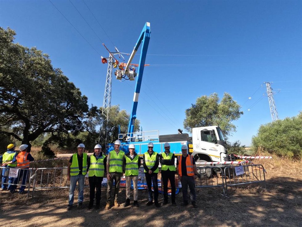 Pérez (tercero por la izda.) visita los trabajos de Endesa en líneas eléctricas para proteger la avifauna.