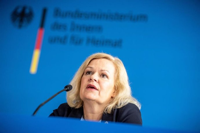 11 July 2024, Berlin: German Minister of the Interior Nancy Faeser takes part in a press conference on the completion of the testing of critical components in 5G communication networks. Photo: Michael Kappeler/dpa