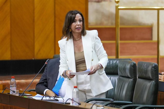 La consejera de Fomento, Articulación del Territorio y Vivienda, Rocío Díaz durante la  intervención  en la segunda jornada del Pleno del Parlamento andaluz.