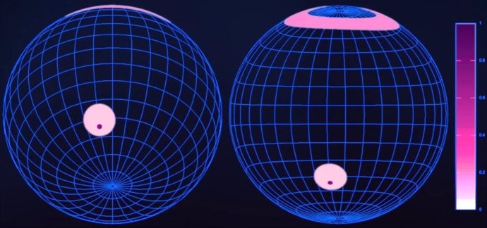 Fotograma de la animación del púlsar de milisegundos PSR J0437-4715. A la izquierda, visto desde la Tierra. A la derecha, visto desde el plano ecuatorial de la estrella. El color violeta-rosado indica la temperatura de los puntos calientes en los polos.