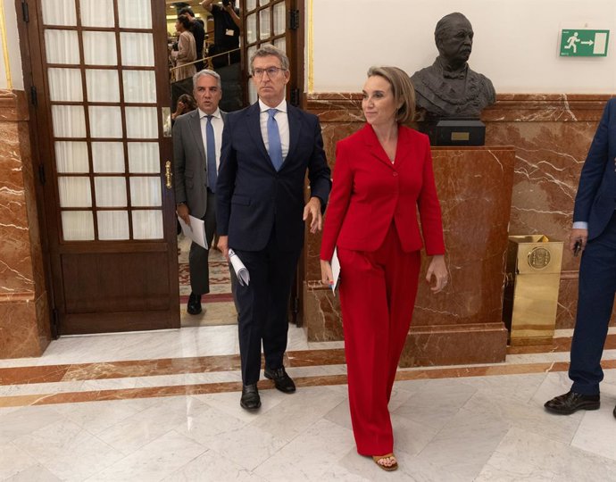 (E-D) El sotssecretari de Coordinació Autonòmica i Local del PP, Elías Bendodo; el president del PP, Alberto Núñez Feijóo i la secretària general del PP, Cuca Gamarra, a la seua arribada al ple extraordinari al Congrés dels Diputats, a 11 de juliol 