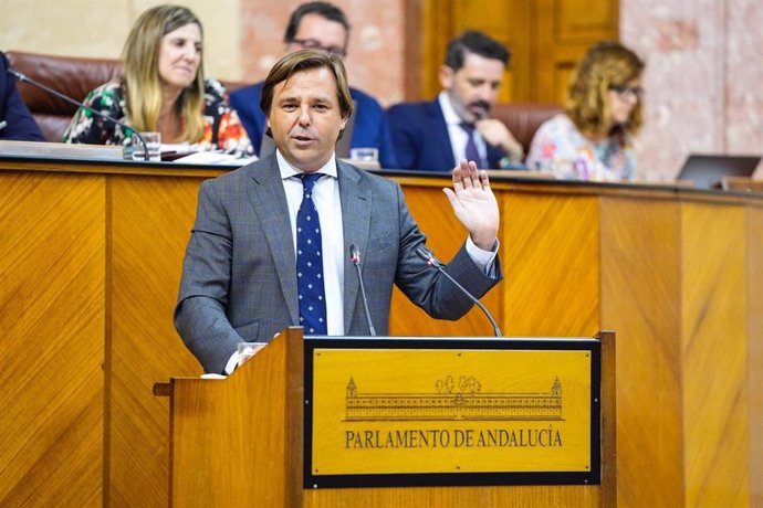 El secretario general del PP-A, Antonio Repullo, este jueves en el Pleno del Parlamento en la defensa de la PNL sobre el caso ERE.