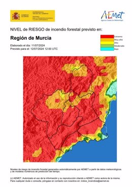 El nivel de riesgo de incendio forestal es extremo este viernes en la mayor parte de la Región de Murcia