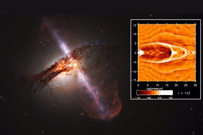 Una simulación del corazón y los pulmones de una galaxia en funcionamiento se muestra insertada en una impresión artística de chorros bipolares de gas que se originan en un agujero negro supermasivo en el centro de una galaxia.