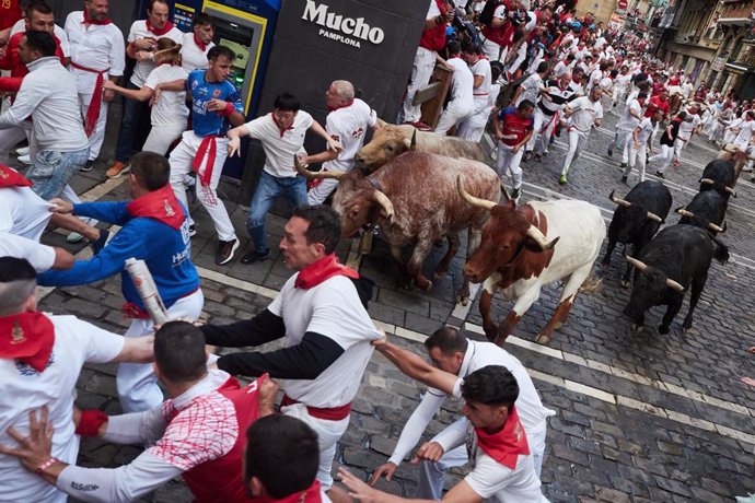 Imagen del sexto encierro de los Sanfermines de 2024, protagonizaado por la ganadería Jandilla