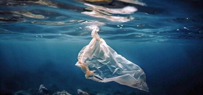 Bolsa de plástico desechada en el océano.