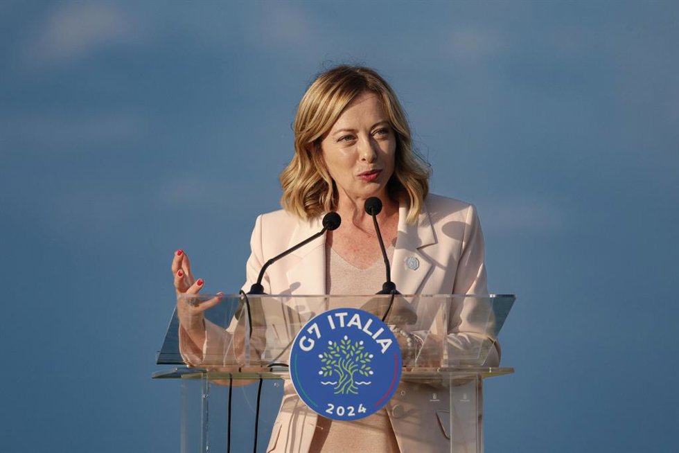 June 13, 2024, Borgo Egnazia, Italy: Italian Prime Minister Giorgia Meloni attend a press conference at the end of the Flag ceremony during of the G7 Summit in Borgo Egnazia (Brindisi), southern Italy.