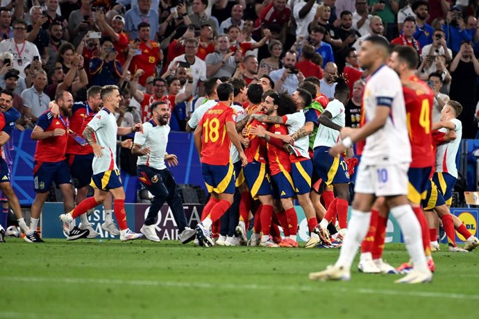 Team Spain celebrate win during The UEFA Euro 2024 Semi-Finals football match between Spain and France at Munich Football Arena, Munich, Germany.