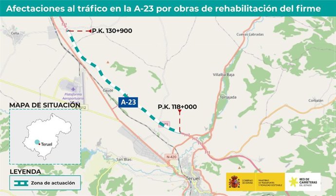 Afectaciones al tráfico en la autovía A-23 por las obras de rehabilitación del firme entre Santa Eulalia y Teruel.