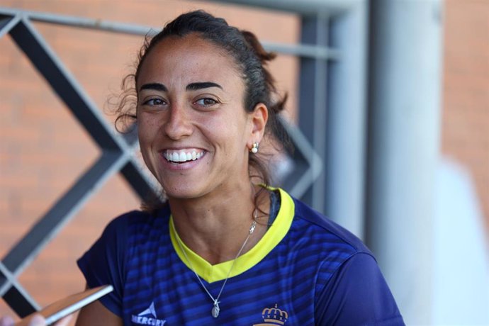 Marta Segú smiles during the Media Day of the Spanish Women's National Hockey Team ahead of the Olympic Games at CAR Madrid on July 9, 2024 in Madrid, Spain.