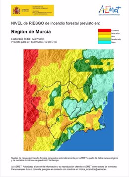 El nivel de riesgo de incendio forestal es alto este sábado en la mayor parte de la Región de Murcia