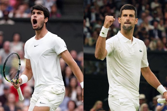 Archivo - Carlos Alcaraz y Novak Djokovic, finalistas de Wimbledon 2023.