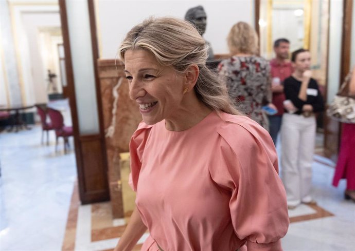 La vicepresidenta segunda y ministra de Trabajo, Yolanda Díaz, a su llegada al pleno extraordinario en el Congreso de los Diputados, a 11 de julio de 2024, en Madrid (España).