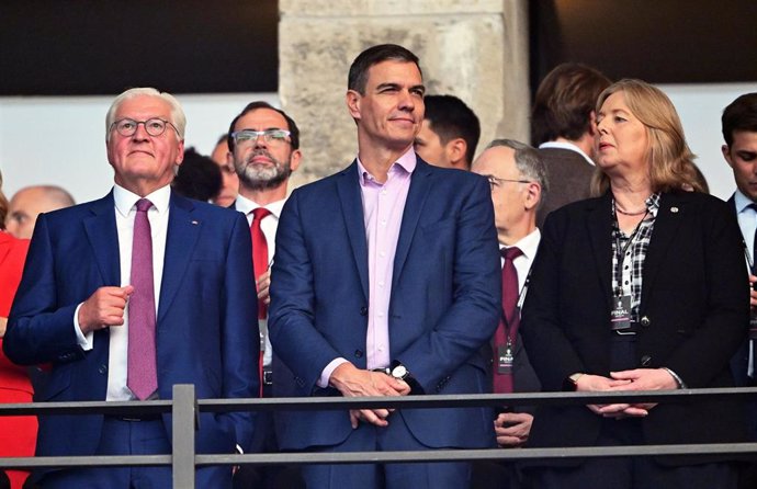 German President Frank-Walter Steinmeier, Spanish Prime Minister Pedro Sanchez, and President of the Bundestag, Baerbel Bas, are pictured in the stands before the UEFA Euro 2024 final soccer match between Spain and England at the Olympic Stadium. 