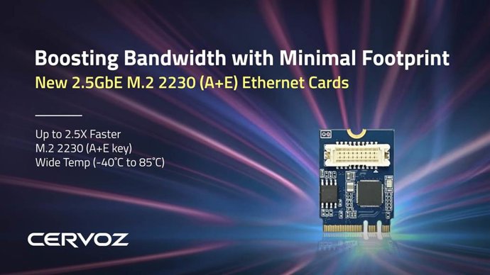 Cervoz, a leader in industrial solutions, unveils the new 2.5GbE M.2 2230 (A+E key) PCIe Ethernet Card. Compact and economical, this card boosts speeds up to 2.5 times faster than traditional Gigabit networks, ensuring a seamless upgrade with full backw