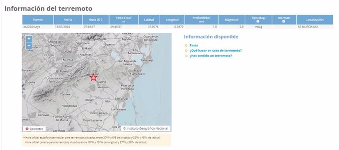 Imagen que muestra los datos del terremoto