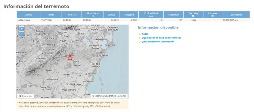 Imagen que muestra los datos del terremoto