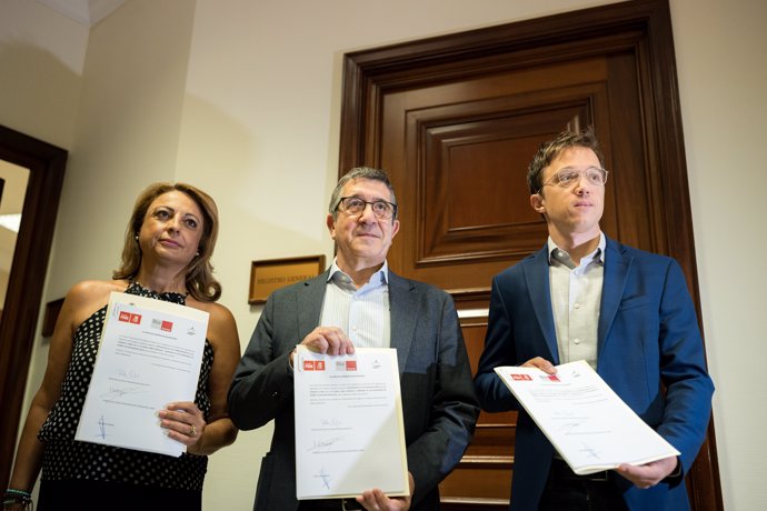 (I-D) La diputada de Coalición Canaria Cristina Valido; el portavoz del PSOE en el Congreso, Patxi López y el diputado de Sumar Iñigo Errejón, durante el registro de la Proposición de Ley para la modificación del artículo 35 de la Ley sobre derechos y 