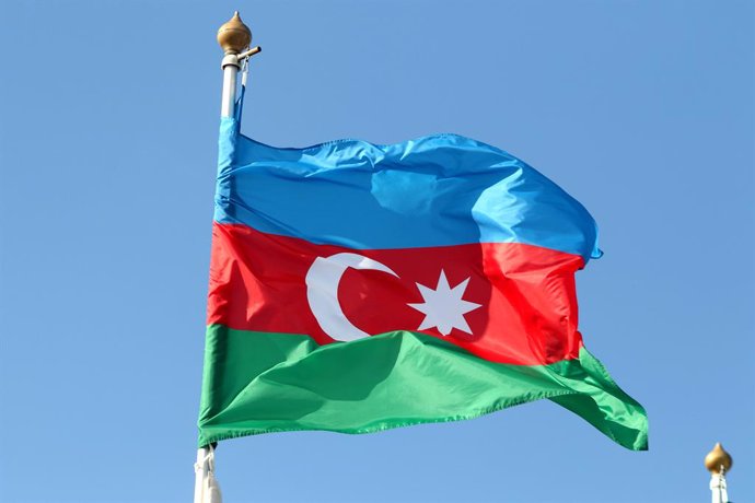 Archivo - June 9, 2024, Saint Petersburg, Russia: The flag of the Republic of Azerbaijan seen in the gallery of flags of the participating countries in the framework of St. Petersburg International Economic Forum 2024