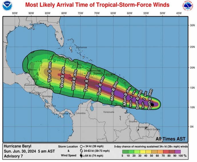 Trayecto del huracán 'Beryl'