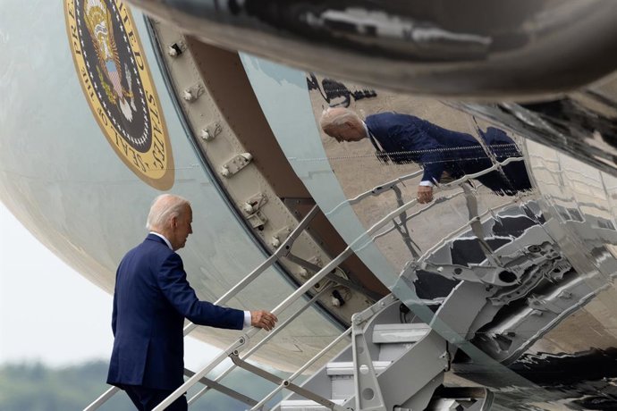 July 12, 2024, Camp Springs, Maryland, USA: US President Joe Biden boards Air Force One at Joint Base Andrews, Maryland, USA, 12 July 2024. Biden travels to a campaign event in Detroit, Michigan