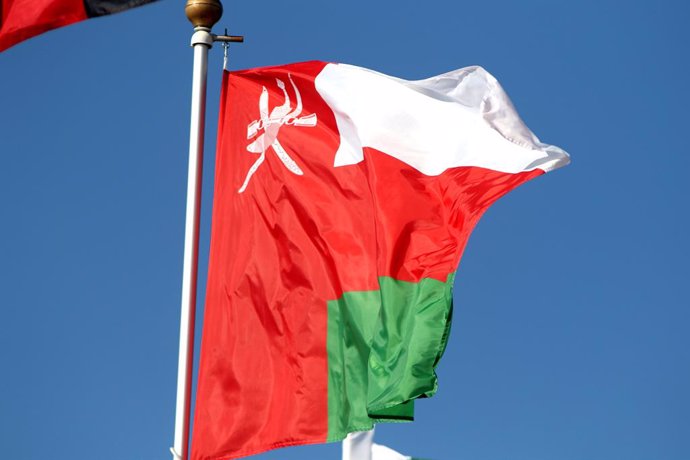 Archivo - June 9, 2024, Saint Petersburg, Russia: The flag of the Sultanate of Oman seen in the gallery of flags of the participating countries in the framework of St. Petersburg International Economic Forum 2024