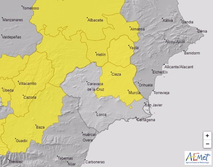 Mapa que muestra los avisos meteorológicos activos en la Región de Murcia