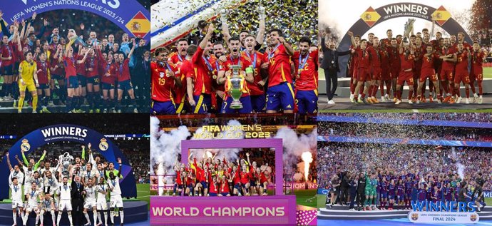 Montaje de celebraciones. De izquierda a derecha y de arriba abajo; Liga de Naciones Femenina 2024, Eurocopa 2024, Liga de Naciones Masculina 2023, Liga de Campeones Masculina 2024, Mundial Femenino 2023 y Liga de Campeones Femenina 2024