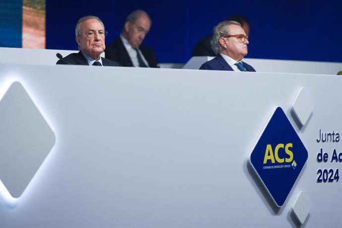 Archivo - El presidente de ACS, Florentino Pérez (1i), durante la junta general ordinaria de accionistas 2024, en la Feria de Madrid Ifema, a 10 de mayo de 2024, en Madrid (España). El presidente de ACS ha incidido en el nuevo plan estratégico, lanzado re