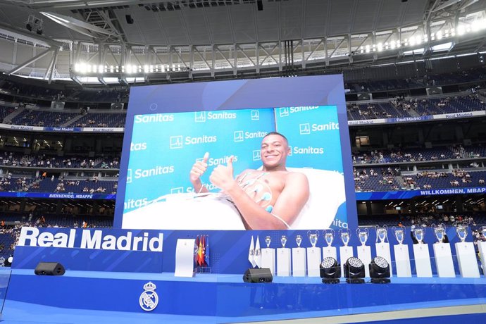 Illustration general view with Kylian Mbappe, gesturing as he undergoes a health check prior his presentation as new player of Real Madrid at Santiago Bernabeu stadium on July 16, 2024 in Madrid, Spain.