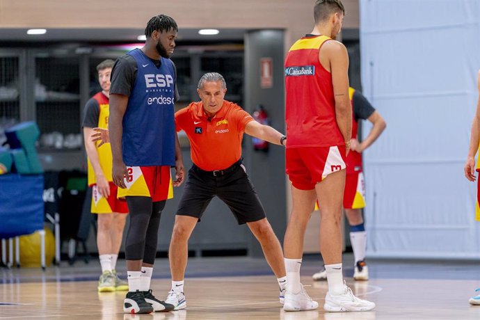 Entrenamiento de la selección española de baloncesto en Madrid, el 16 de julio de 2024