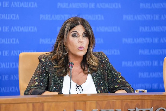 La portavoz del Grupo Parlamentario Socialista, Ángeles Férriz, durante la ronda de ruedas de prensa de portavoces de los grupos parlamentarios en el Parlamento de Andalucía, a 17 de julio de 2024 en Sevilla (Andalucía, España). Los portavoces de los grup