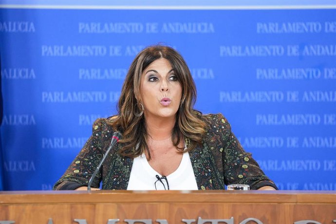 La portavoz del Grupo Parlamentario Socialista, Ángeles Férriz, durante la ronda de ruedas de prensa de portavoces de los grupos parlamentarios en el Parlamento de Andalucía, a 17 de julio de 2024 en Sevilla (Andalucía, España). Los portavoces de los grup