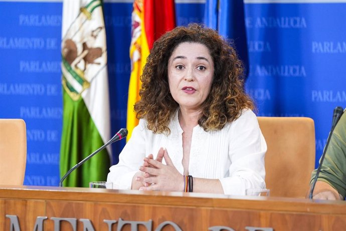 La portavoz del Grupo Por Andalucía, Inmaculada Nieto, durante la ronda de ruedas de prensa de portavoces de los grupos parlamentarios en el Parlamento de Andalucía, a 17 de julio de 2024 en Sevilla (Andalucía, España). Los portavoces de los grupos parlam