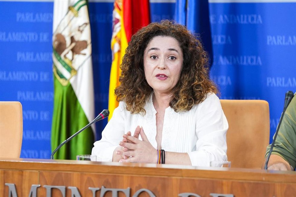 La portavoz del Grupo Por Andalucía, Inmaculada Nieto, durante la ronda de ruedas de prensa de portavoces de los grupos parlamentarios en el Parlamento de Andalucía, a 17 de julio de 2024 en Sevilla (Andalucía, España). Los portavoces de los grupos parl