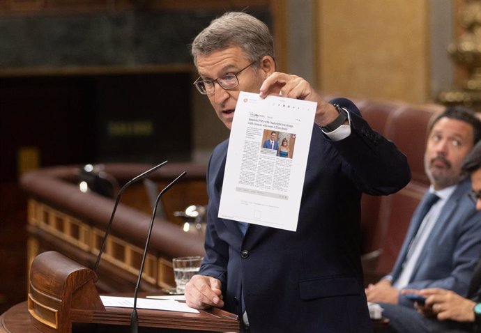 El presidente del Partido Popular, Alberto Núñez Feijóo, interviene durante una sesión extraordinaria en el Congreso de los Diputados, a 17 de julio de 2024, en Madrid (España). Pedro Sánchez presenta hoy las líneas fundamentales del Plan de Acción por la