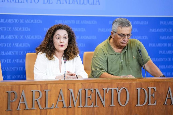 La portavoz del Grupo Por Andalucía, Inmaculada Nieto, durante la ronda de ruedas de prensa de portavoces de los grupos parlamentarios en el Parlamento de Andalucía, a 17 de julio de 2024 en Sevilla (Andalucía, España). Los portavoces de los grupos parlam