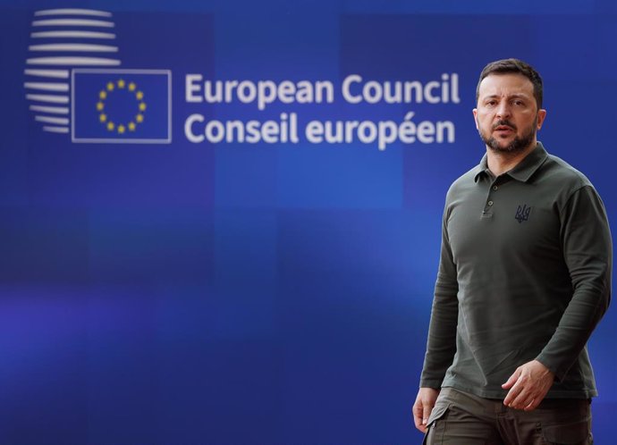 27 June 2024, Belgium, Brussels: Ukrainian President Volodymyr Zelensky arrives for the first day of the European Council summit. Photo: Benoit Doppagne/Belga/dpa