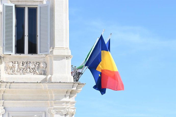 Archivo - February 15, 2024, Rome, Italy: The Romania Flag during the Intergovernmental Summit Italy - Romania Meeting between The President of The Council of Ministers, Giorgia Meloni, the Prime Minister of Romania, Marcel Ciolacu on 15 February 2024 a